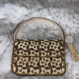 Elegant Beaded Shoulder Bag in Cream and Brown
